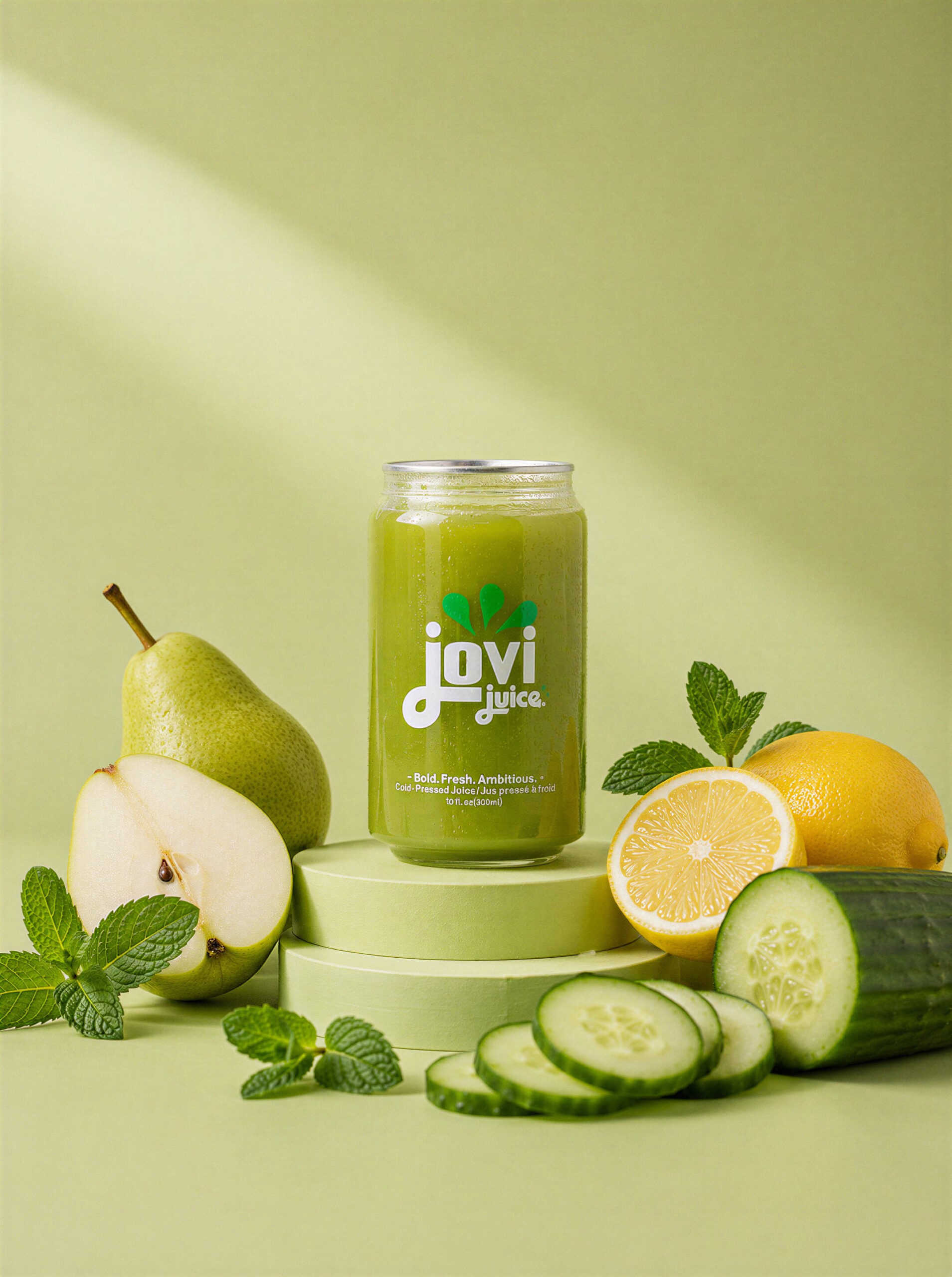 Jovi Juice Pear Breeze Product Photo with Pear, Lemon, Cucumber, and Mint
