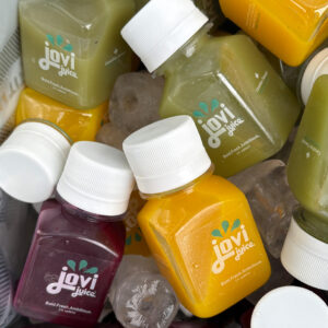 A bag of 2oz Jovi juice bottles of Citrus Punch, Drop the Beet, and Pear Breeze. We call this the Sample Pack